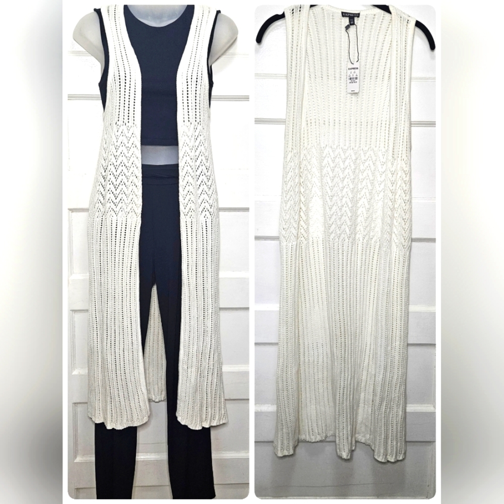 Express Off White Sleeveless Open Knit Long Duster Sz XS/S